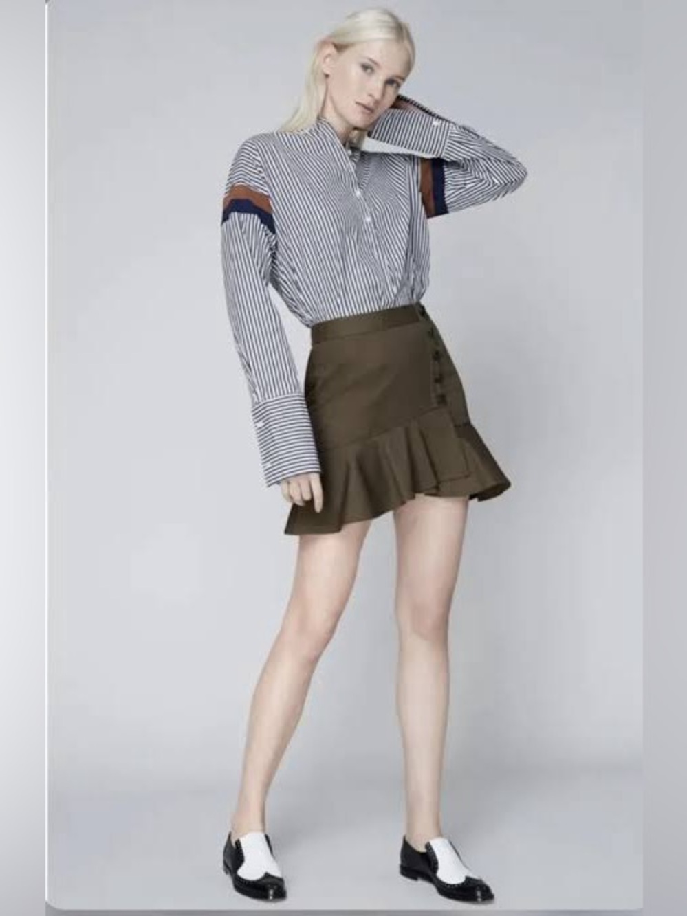 Veronica Beard Olive Ruffle Button-Accent Mini Skirt